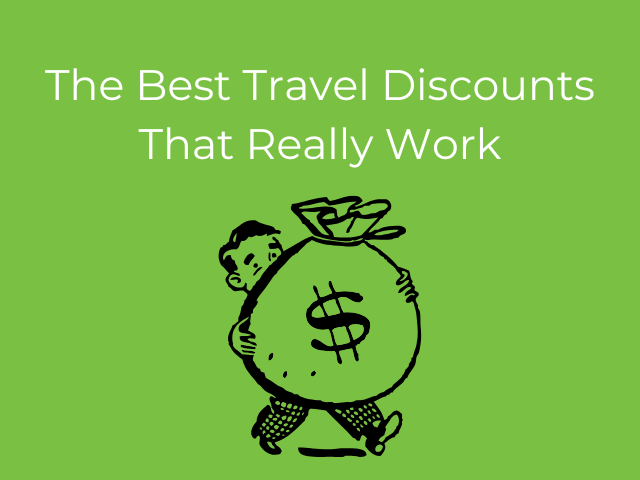 text 'the best travel discounts that really work' with an illustration of a man carrying a large bag of money