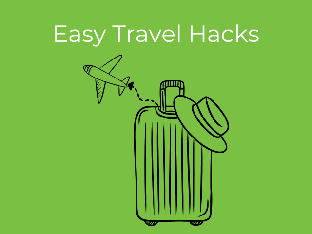 text 'easy travel hacks' with an illustration of a suitcase, hat and airplane in the background