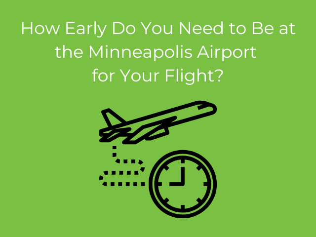 text ' how early do you need to be at the minneapolis airport for your flight?' with an illustration of a clock and airplane in the background