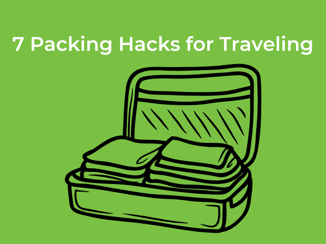 text '7 packing hacks for traveling' with an illustration of an open suitcase containing clothing