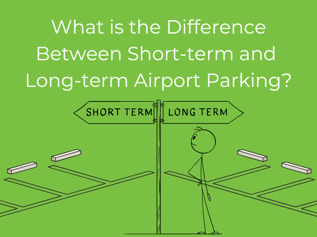 text 'what is the difference between short-term and long-term airport parking?' with an illustration of a stick figure looking at a sign that points one direction for short-term and the opposite for long-term, a parking lot behind it.